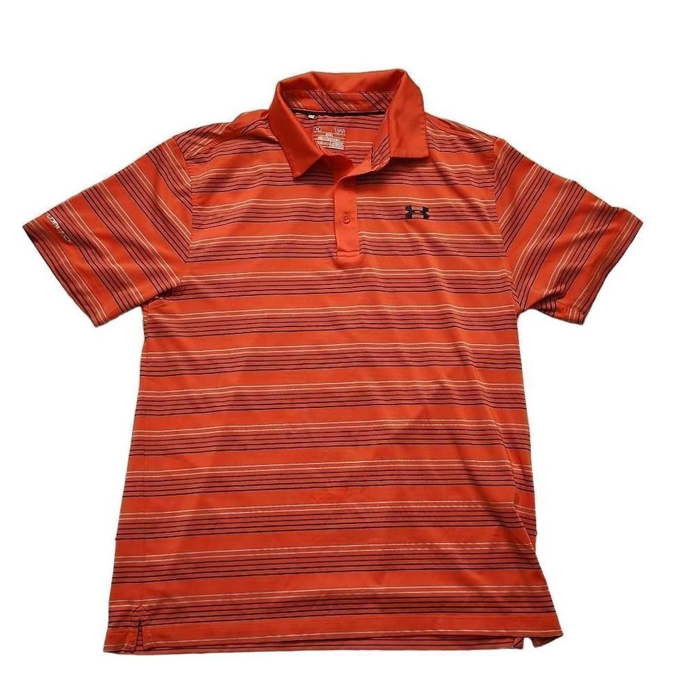 Under Armour Men's Size Large Orange Gray Blue Stripe Dri-Fit Polo Shirt